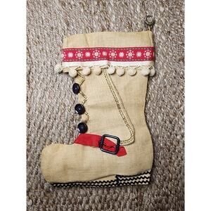 Handmade Holiday Christmas Burlap Boot Stocking Black Buttons Palms 19"